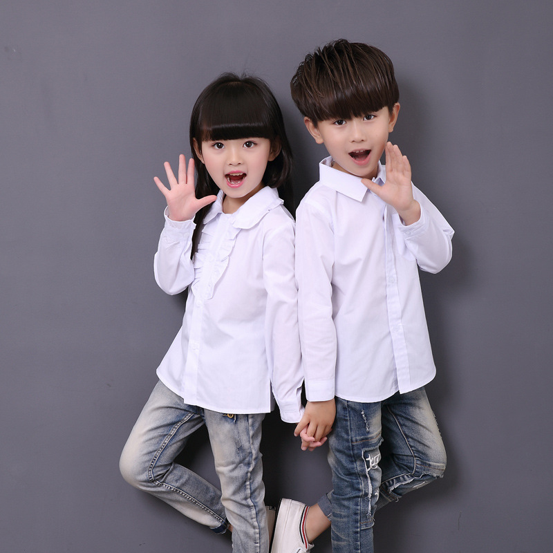 White long-sleeved shirts for boys and girls, pure white shirts, children's clothing for middle and older children, school uniforms for performances.