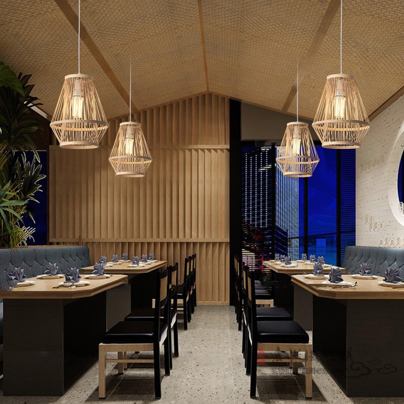Nueva lámpara de araña de estilo chino lámpara de bambú Zen Tea Room B & B lámpara de restaurante de olla caliente japonés creativo jaula de pájaros lámpara de Bambú