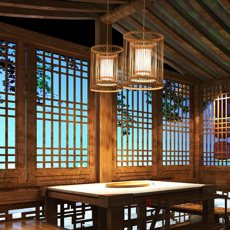 Nueva lámpara de araña de estilo chino lámpara de bambú Zen Tea Room B & B lámpara de restaurante de olla caliente japonés creativo jaula de pájaros lámpara de Bambú