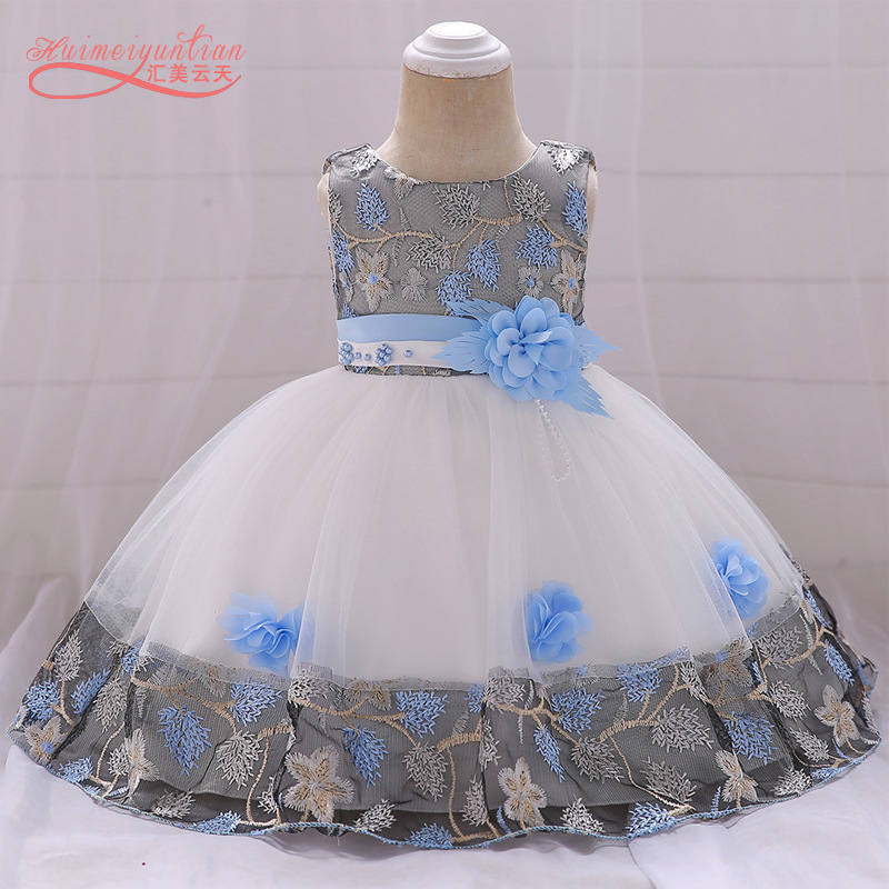 Cross-border New Children's Princess dress Mesh dress Embroidered Flower Beads Cute baby dress
