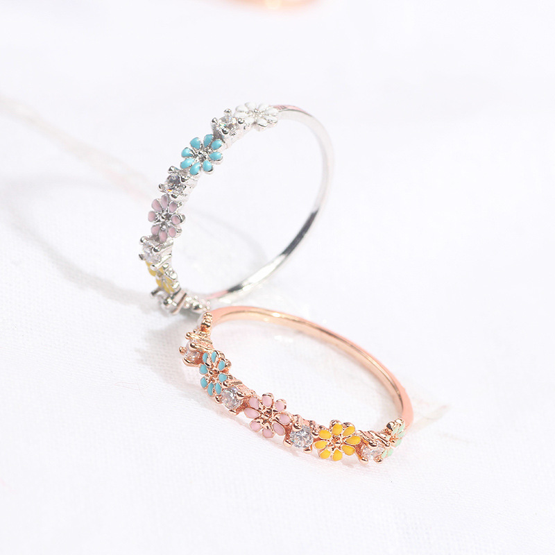 Korean Style Elegant Color-retaining Micro-inlaid Zircon Flower Ring Sweet Cute Five-color Daisy Flower All-match Ring for Women