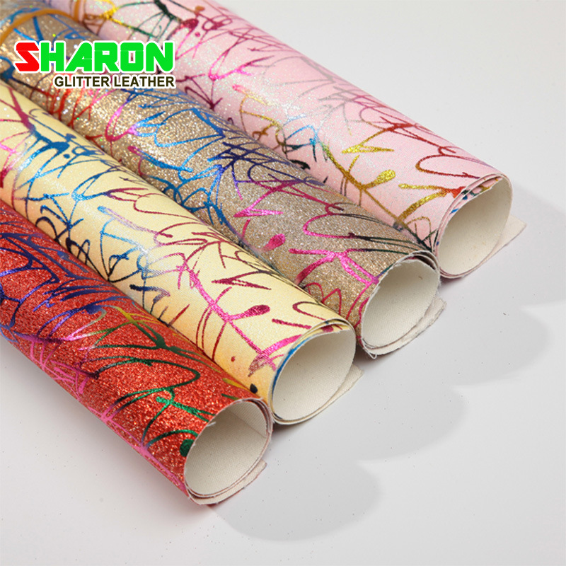 SR18036 金葱闪粉128格利特烫金彩色涂鸦PU底格利特箱包鞋材面料