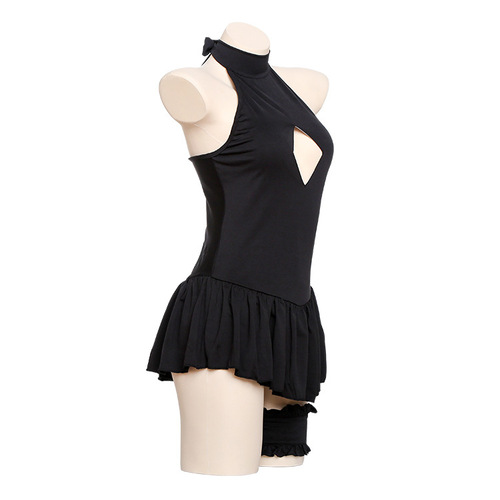 Moonlit Whisper Women's Sexy Black Series Neck-Baring Nipple Revealing Passionate Set Anime Character Role-Playing Costume