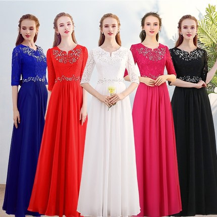 New style long dress for choir performances, student/unit choir uniforms, evening gowns with small V-neck and mid-sleeves, bright red.