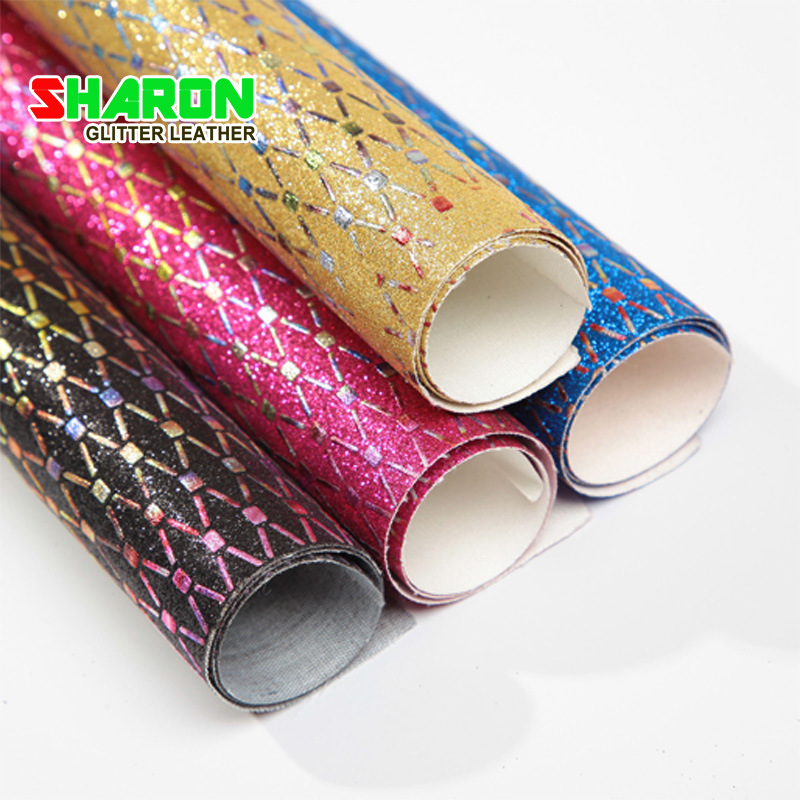 SR18040 PU底烫金七彩网孔金葱细粉格利特箱包鞋材格利特面料