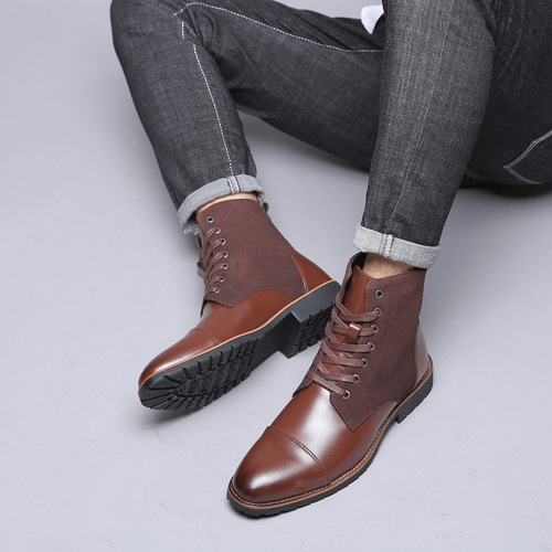 New large size men's cotton shoes, fashionable and trendy color-blocked pointed toe plus velvet warm Martin boots high-top men's shoes leather boots