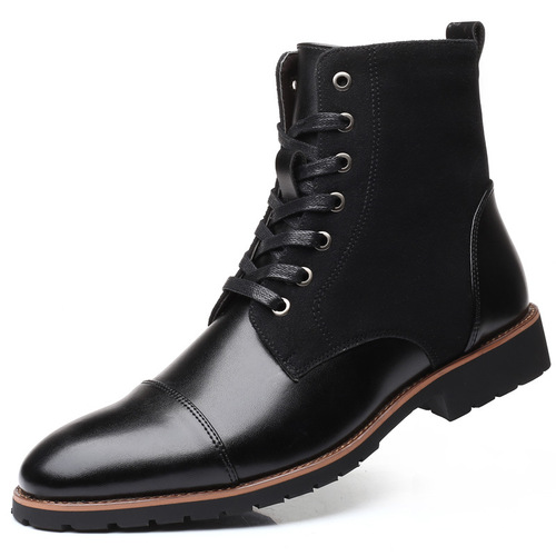 New large size men's cotton shoes, fashionable and trendy color-blocked pointed toe plus velvet warm Martin boots high-top men's shoes leather boots