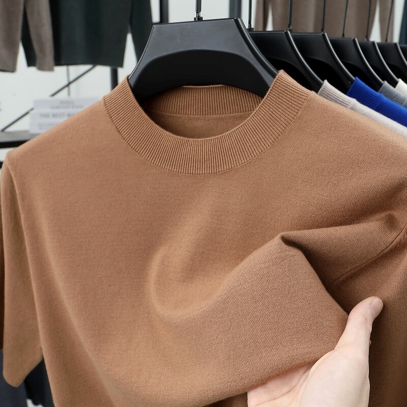 Live-streamed solid color knitted short-sleeve T-shirt for men, business casual round-neck half-sleeve thin sweater, base layer knitwear Live-streamed solid color knitted short-sleeve T-shirt for men, business casual round-neck half-sleeve thin sweater, base layer knitwear