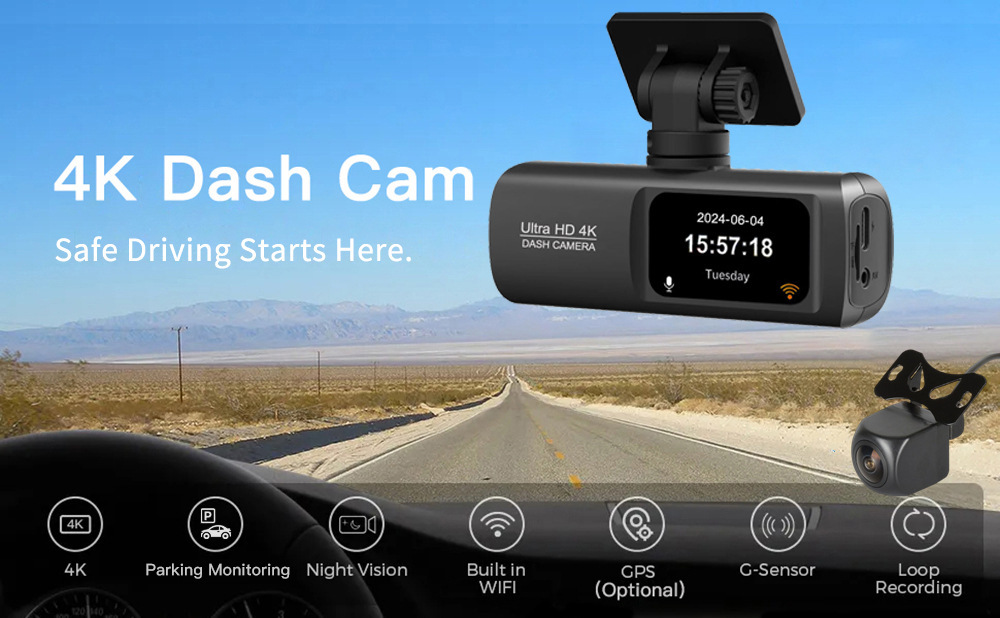 Cross-Border New Model 4K High-Definition Dash Cam with Front and Rear Dual Recording, Wifi, Gps, and Night Vision