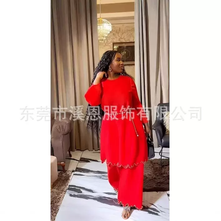 Miyaki三宅褶皱纯色钉珠微喇长袖直筒裤休闲套装大码女装Dres跨境