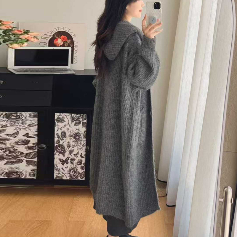 连帽长款毛衣外套女慵懒风秋冬季宽松加厚高级感带帽针织开衫大衣|undefined