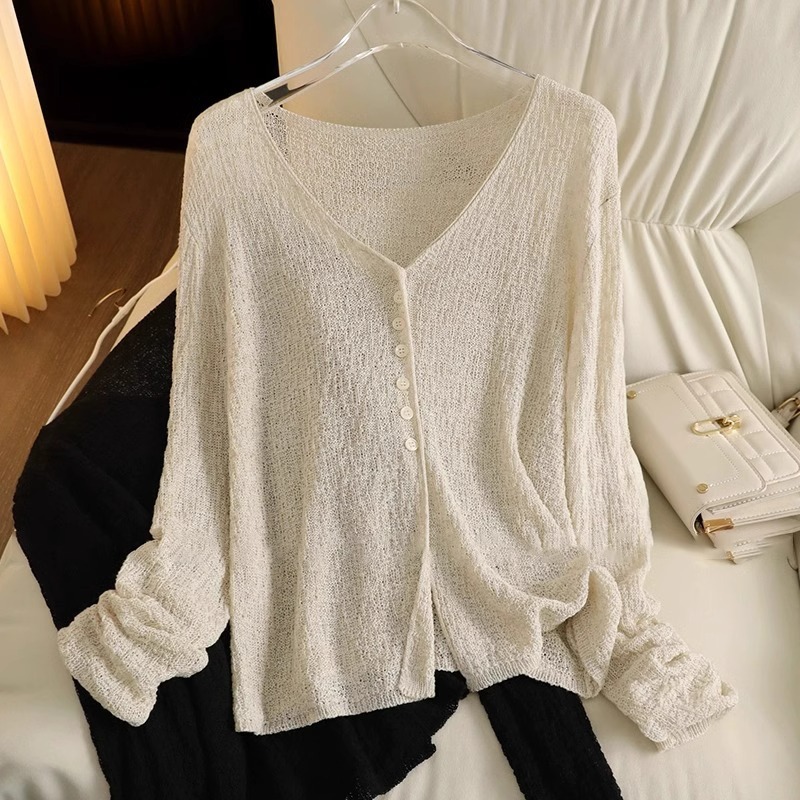 Corea del estilo perezoso viento de cuello V texturas de lino de punto Cardigan de primavera y verano de mujeres agujeros camisetas respirables de protección solar blusa delgada