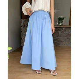 EVERTRUE 2024夏季新款韩版半身裙女装高腰蓝色纯棉中长款裙23415