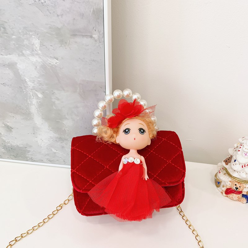 Bolso de niños nuevo bolso de perla rojo de Año Nuevo lindos princesas niñas bolso de hombro de cadena de estilo extranjero bolso de mochila