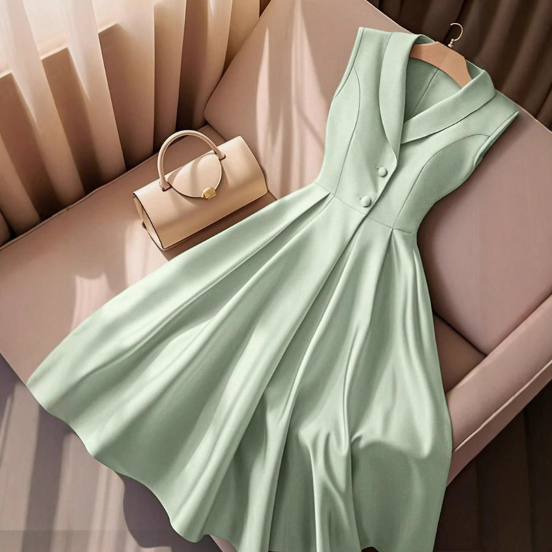 Cross-Border Temu Independent Site Tk Code Women's European and American French Style Summer Waist-Cinching Sleeveless Green Elegant Dress