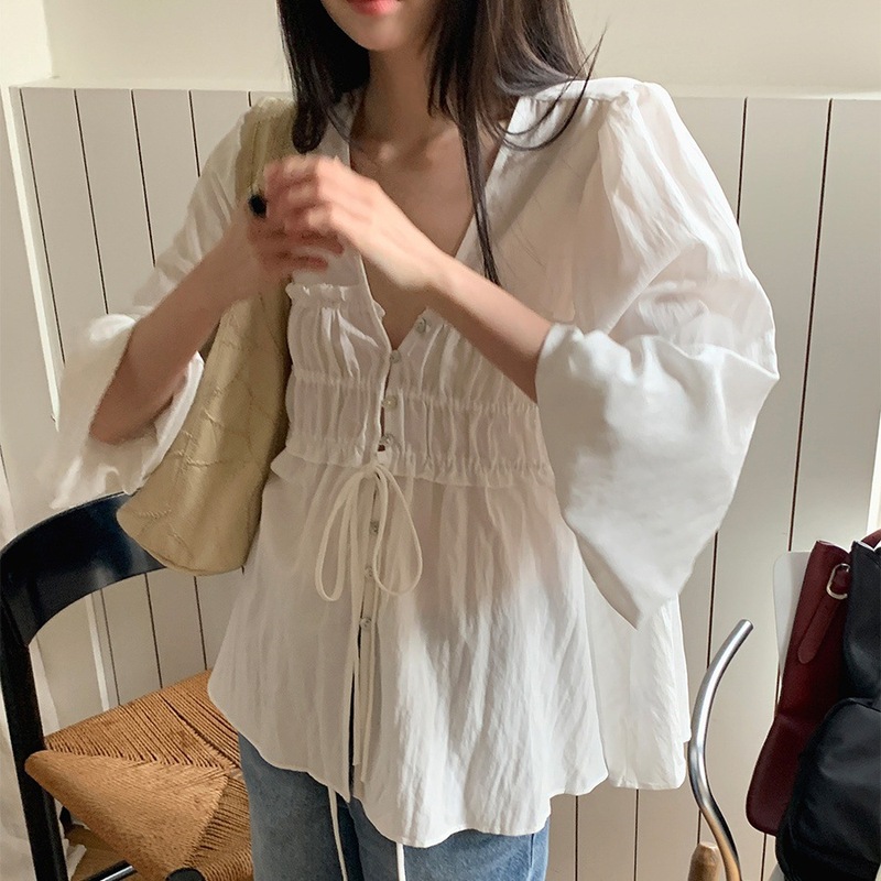 Korean Ins 2026 Early Spring New Arrival Mother-Of-Pearl Button Pleated V-Neck Long-Sleeved Lace-Up Shirt Elegant Shirt Korean Ins 2026 Early Spring New Arrival Mother-Of-Pearl Button Pleated V-Neck Long-Sleeved Lace-Up Shirt Elegant Shirt