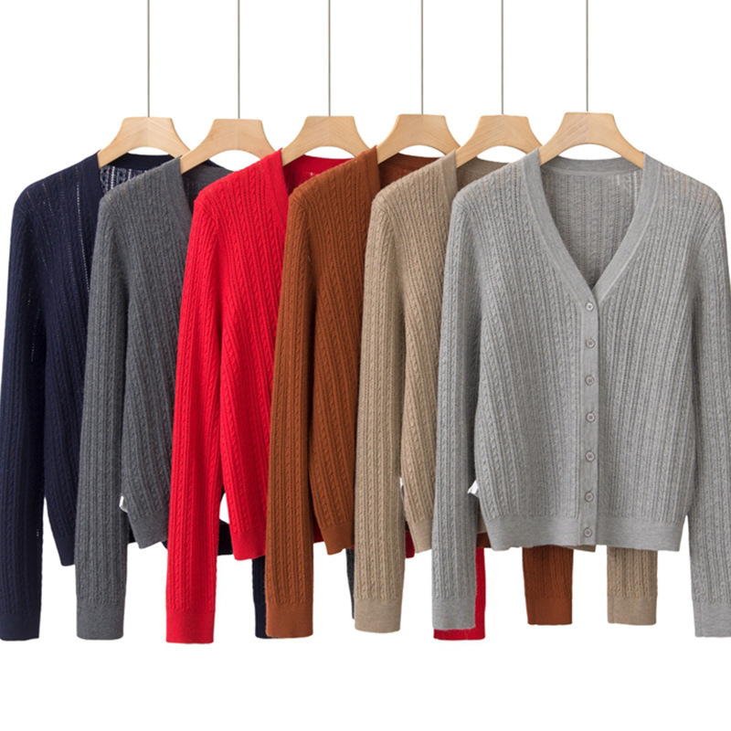 100 Pure Cashmere 80 Count 4 Worsted V Neck Cardigan Autumn and Winter Twisted Thin Slim Knitted Sweater Jacket for Women 100 Pure Cashmere 80 Count 4 Worsted V Neck Cardigan Autumn and Winter Twisted Thin Slim Knitted Sweater Jacket for Women
