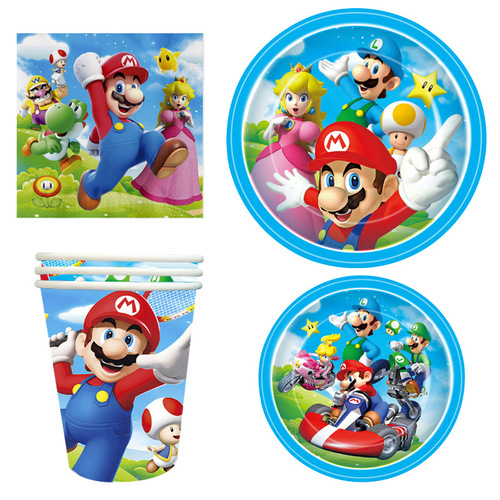 Children's birthday party supplies Super Mario theme paper cups paper plates tablecloth flags tableware decorations