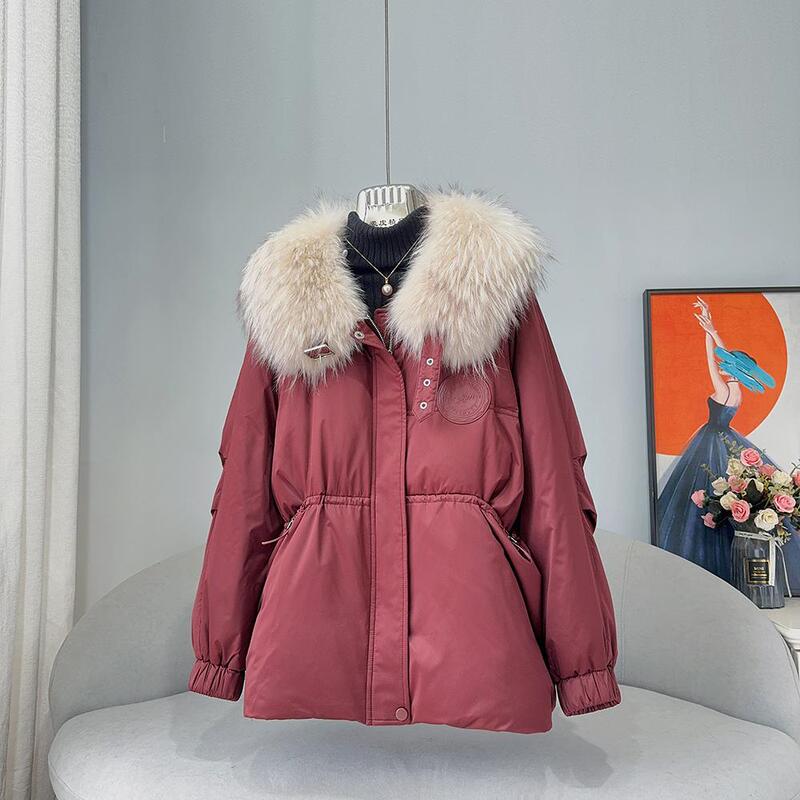 Detachable Raccoon Fur Collar 90% White Goose down Jacket Fur Women's Mid-Length Parka Coat Ancora Red Coat