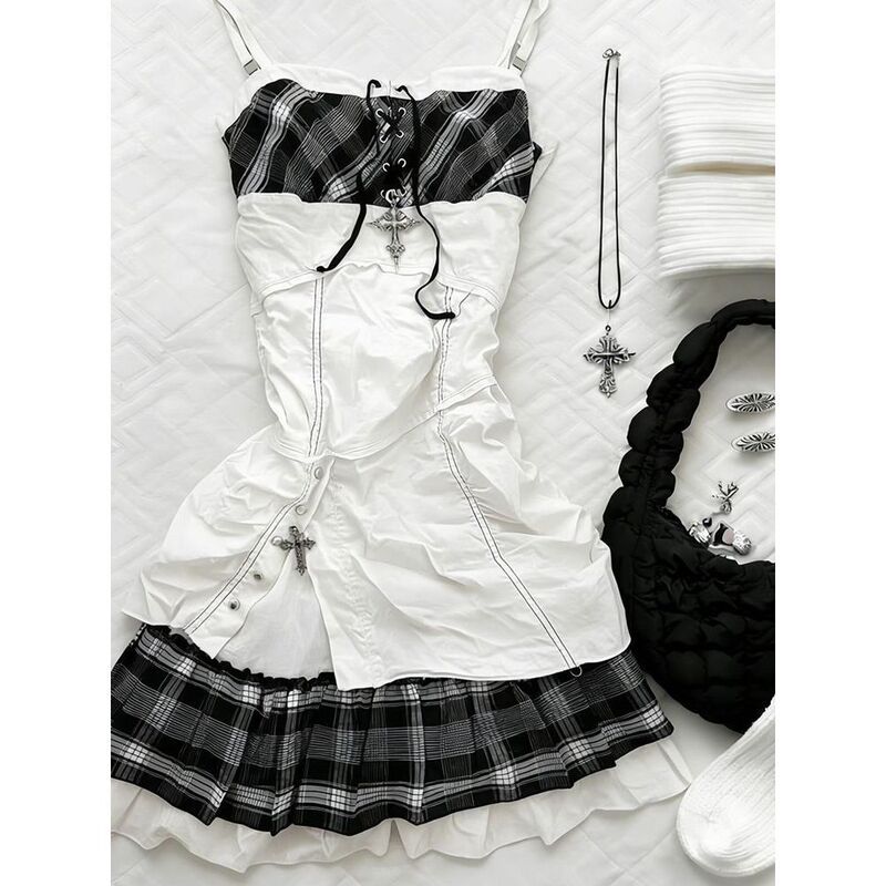 In-Stock Plaid Y2K Style Patchwork Plaid Suspender Dress for Women, New Summer Gothic Style Sweet and Cool Short Dress