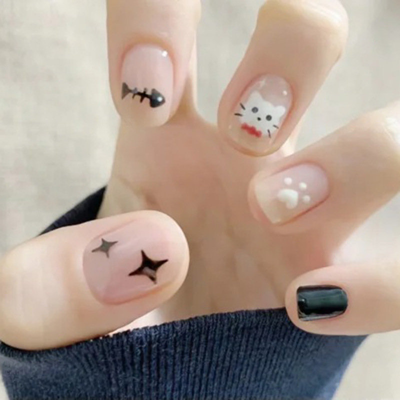 Halloween Ins Style Cute Childlike Cat Small Fish Bone Graffiti Manicure Short Style 24 Pieces Wearable Nail Patches
