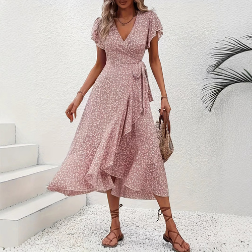 Independent station Amazon cross-border small floral V-neck open front tie waist short sleeve Bohemian large swing vacation dress