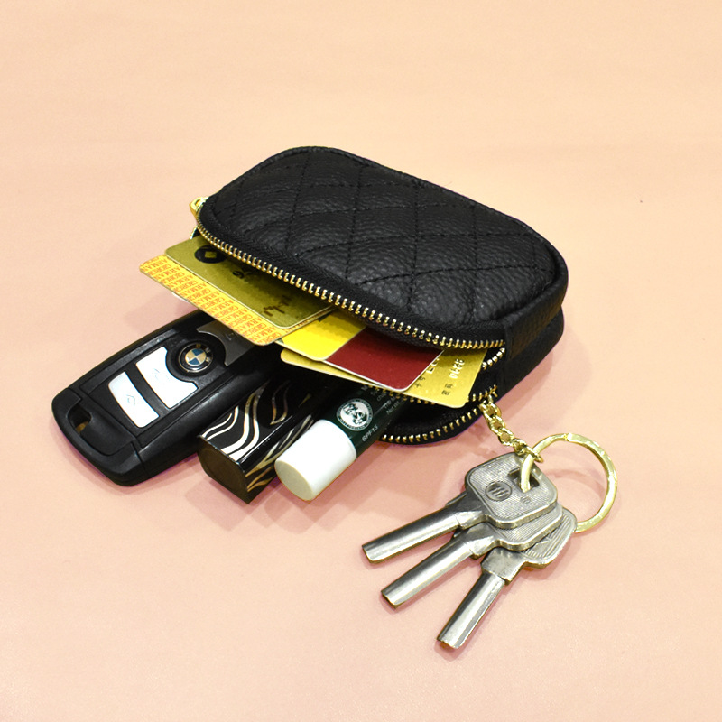 Doble cremallera simple primera capa de piel de vaca monedero mini pequeño europeo y americano clave caso rombo popular pequeña bolsa