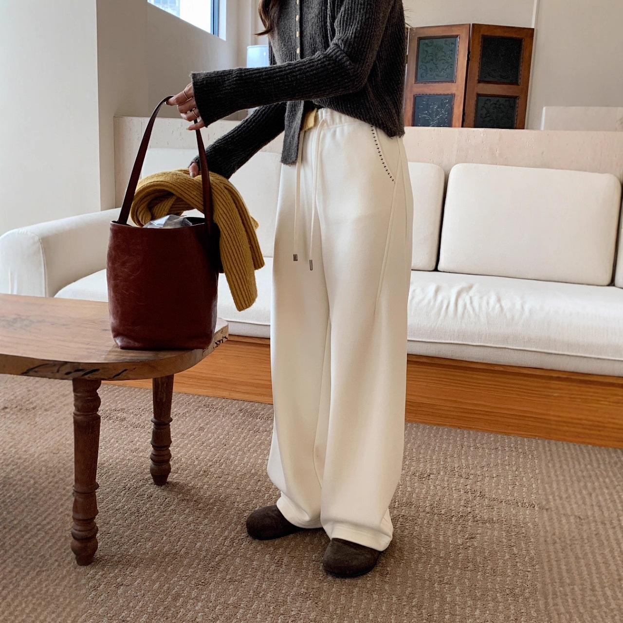 加绒月亮裤~刺绣提花松紧腰加厚保暖毛呢醋酸羊毛裤女25秋冬新款