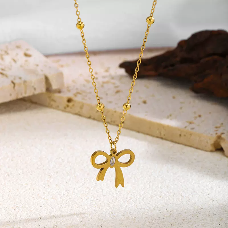 跨境热销锆石蝴蝶结简风炉内真金不锈钢项链女ins网红锁骨链配饰