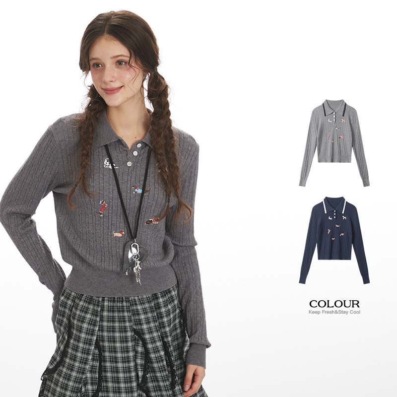 Heyhenry Preppy Style Polo Collar Embroidered Puppy Long-Sleeved Knitwear Women's Autum Slim Short Right Shoulder Top