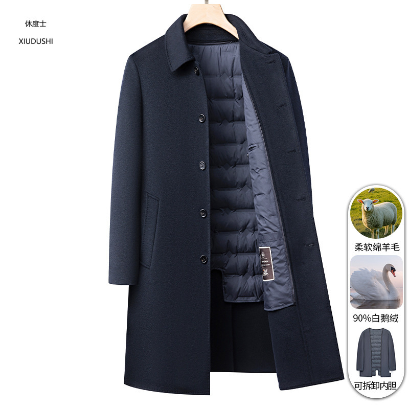 Goose down lining, double-sided wool coat, long, over-the-knee wool trench coat, business men's thick wool coat, versatile.
