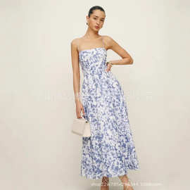 2025跨境外贸欧美夏季碎花波点设计修身长款无袖连衣裙批发