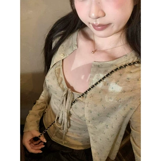 opening自制 加州盛夏 浪漫小碎花吊带+纽扣开衫套组