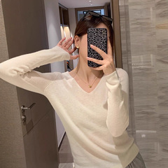 白色v领毛衣打底衫女2025春秋新款薄款内搭毛衫秋冬低领针织上衣