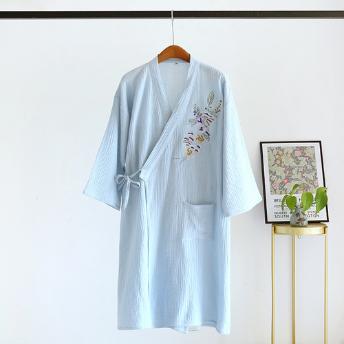 Japanese women's pajamas, pure cotton gauze nightgown, summer thin nightgown, Chinese style Hanfu embroidered bathrobe, steaming suit