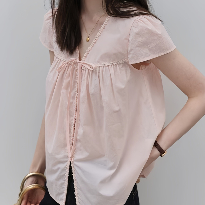 "Mustard Pie" Pink V-Neck Lace Pleated Shirt for Women, New Summer Style, Sweet Cotton Top with Ties