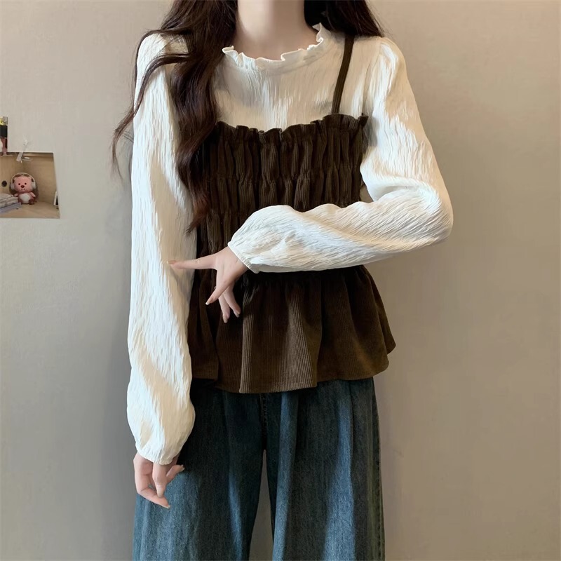 Original Design, Large Size, Stylish Fake Two-Piece Long-Sleeve Shirt for Women, Autumn Style, Slimming and Tummy-Concealing Doll Shirt for Plus-Size Women Original Design, Large Size, Stylish Fake Two-Piece Long-Sleeve Shirt for Women, Autumn Style, Slimming and Tummy-Concealing Doll Shirt for Plus-Size Women