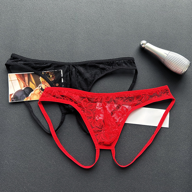 Flirting Men's Low-Waist Lace Transparent Thong Mesh Hollow Sexy Breathable Thong Underwear Manufacturer Ready Stock Dropshipping