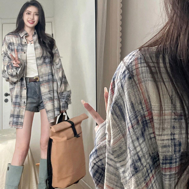 韓国スタイルのスーパーフェアリーイン純綿チェック柄シャツ女性のルーズカジュアルスリミング長袖シャツ日焼け止めシャツアウターウェア|undefined