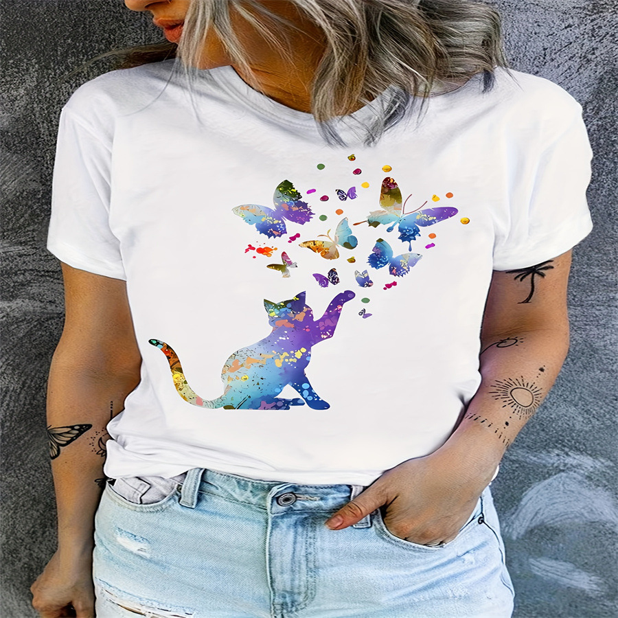 跨境现货T恤短袖女士上衣外贸新款趣味印花休闲大码圆领短袖T恤衫