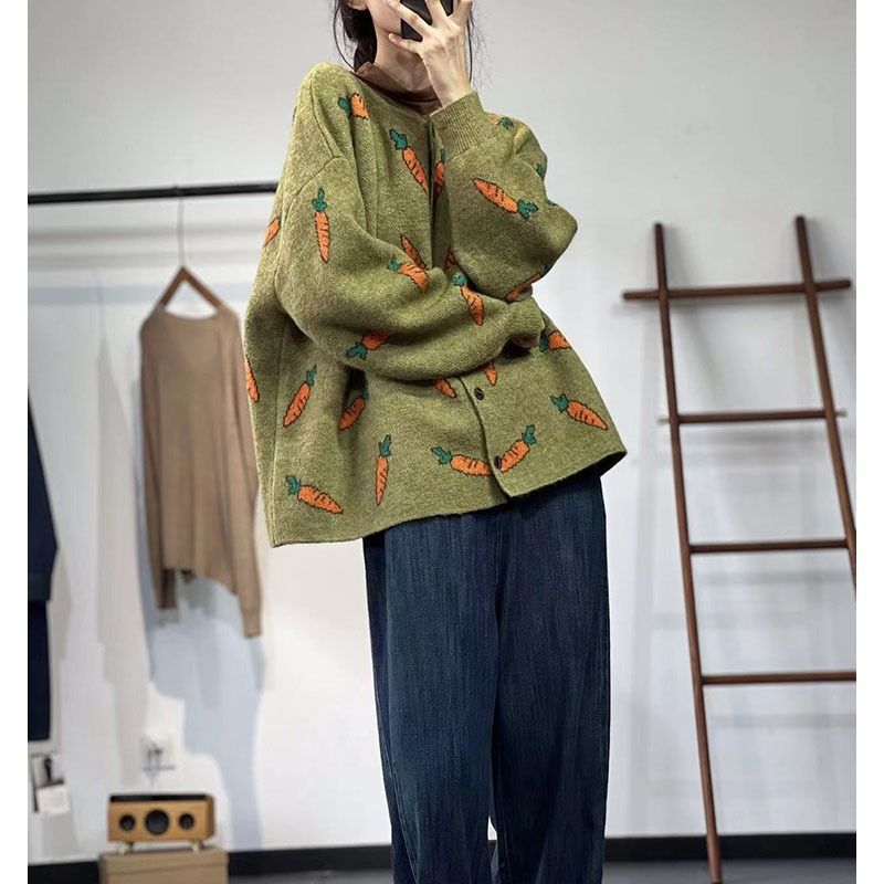 森系文艺撞色印花时髦外套圆领套头女宽松休闲慵懒风显瘦开衫毛衣