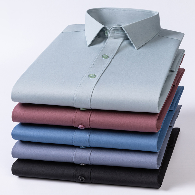 Bamboo Fiber Shirt Men's Long-Sleeved Business Casual Elastic Non-Iron Solid Color Professional Wear Formal Wear Versatile Breathable Short-Sleeved Shirt