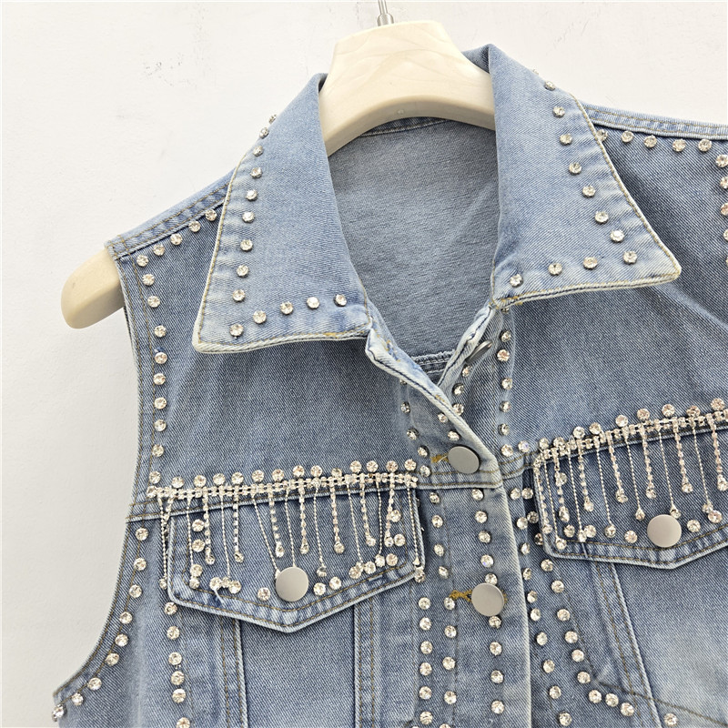 Estación europea 2026 primavera y verano nuevo diseño de industria pesada con bordas de diamante sin mangas corto chaleco de vaqueros chaqueta de mujer