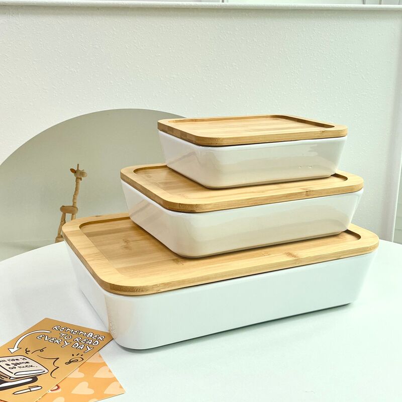 Rectangular Ceramic White Tray with Wooden Lid for Microwave Oven, Picnic, Baked Rice, and Baking, Cross-Border Popular Set