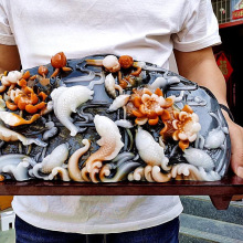 古玩收藏仿玉石原石寿山石雕黑青花连年有余大摆件客厅观赏奇石