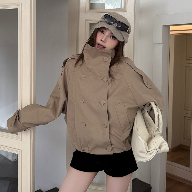 Ac*E26 Early Autumn New Style Double-Breasted Maillard Color Series Stand Collar Short Trench Coat British Style Jacket for Women