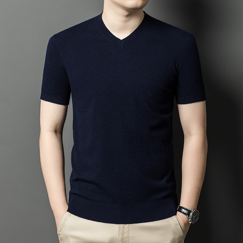 Ordos 100% cachemira pura, hombre de manga corta, suéter de lana de punto de cuello medio alto, suéter de manga media gruesa