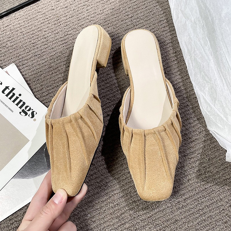 Baotou – pantoufles britanniques confortables à semelle basse et épaisse pour femmes, vêtements d'extérieur à la mode, petites pantoufles carrées pliables, nouvelle collection_voghion.com