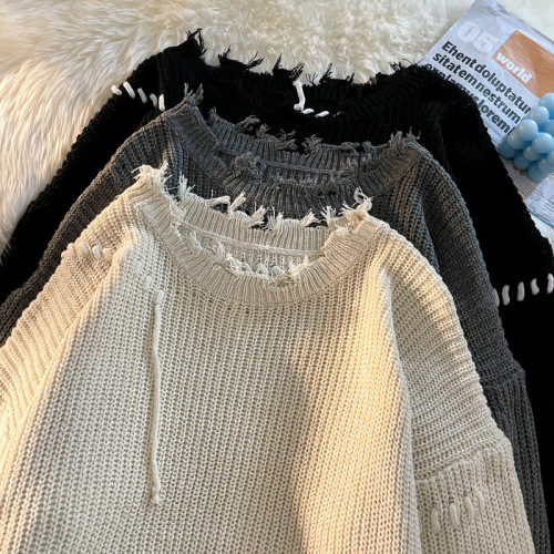 Japanese design sense niche knitwear for men and women, couple's trendy brand autumn and winter machine-knitted round neck sweater with visible seams, distressed and holey details
