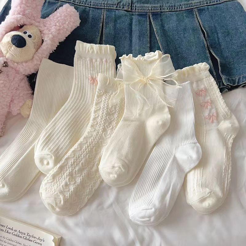White socks women's summer cotton cute Japanese jk socks lace Mary Jane with small leather shoes mid-tube sweat-absorbent socks